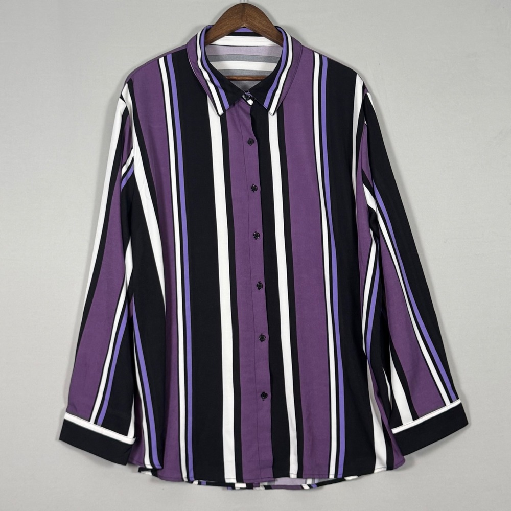 Unbranded Striped Button Down Blouse Women 4X Purple Black White NWOT Office Top
